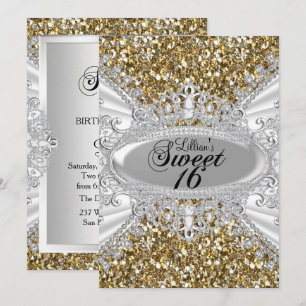 Convites Dourado Glitter Diamond Tiara Sweet 16 Convide