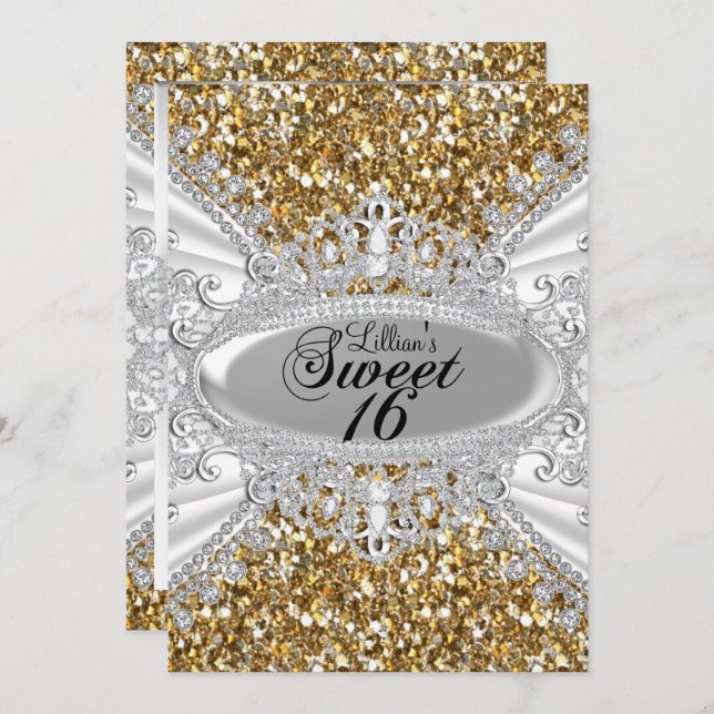 Convites Dourado Glitter Diamond Tiara Sweet 16 Convide (Frente/Verso)