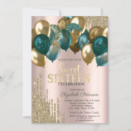 Convites Dourado Glitter Drips Balões Rosa Dourado Sweet 16