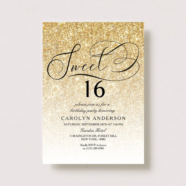 Convites Dourado Glitter Elegant Script Sweet 16 Aniversári (Criador carregado)