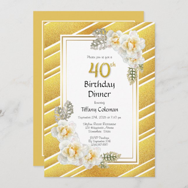 Convites Dourado Glitter Floral aniversário de 40 anos Part (Frente/Verso)
