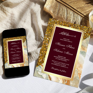 Convites Dourado Glitter Marrom Mármore Borgonha Casamento 