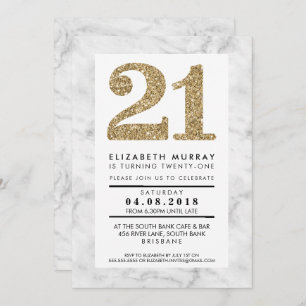 Convites DOURADO GLITTER NÚMERO 21 21 ruas CONVIDAM mármore