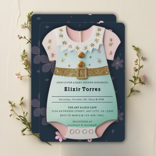 Convites Dourado Glitter Roupas de Bebê Chá de fraldas Flor (Criador carregado)