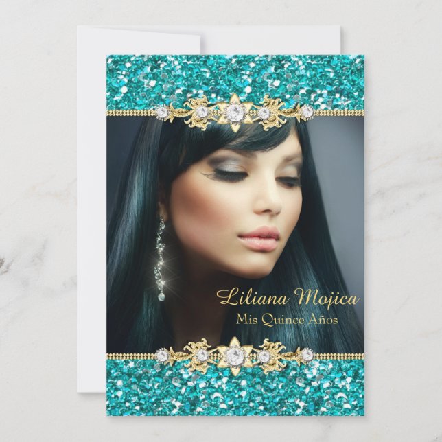 Convites Dourado Glitter Teal e Arco de Joias Quinceanera (Frente)