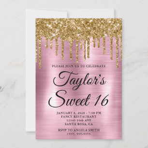 Convites Dourado Gotejando Brilho Rosa Claro Foil Sweet 16