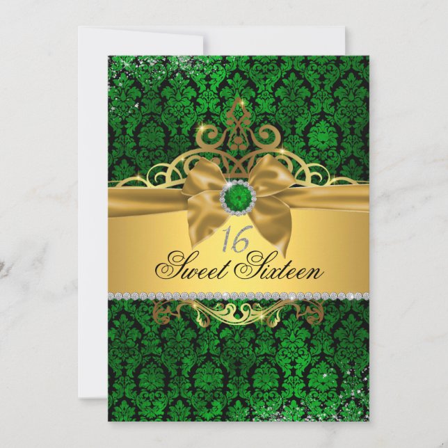 Convites Dourado "Green Damask Sweet" 16 convidam (Frente)
