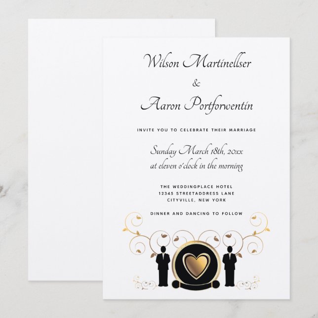 Convites Dourado Heart Male Wedding Kraft Paper LGBTQ (Frente/Verso)