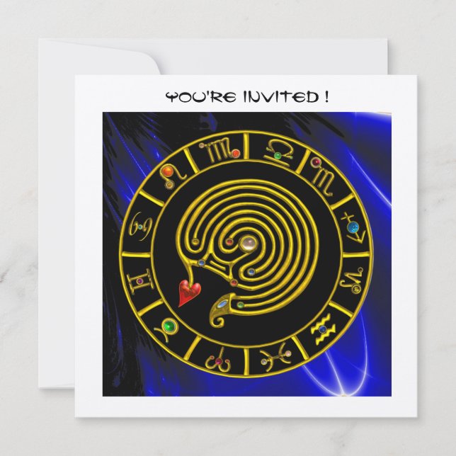 Convites DOURADO LABYRINTH Zodigráfico negro azul (Frente)