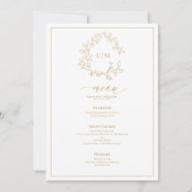 Dourado Leafy Crest Monograma Menu Casamento
