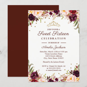 Convites Dourado legante Burgundy Floral Sweet Sessenta