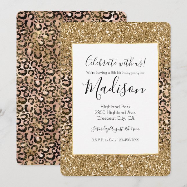 Convites Dourado Leopard Print Glitter personalizado (Frente/Verso)