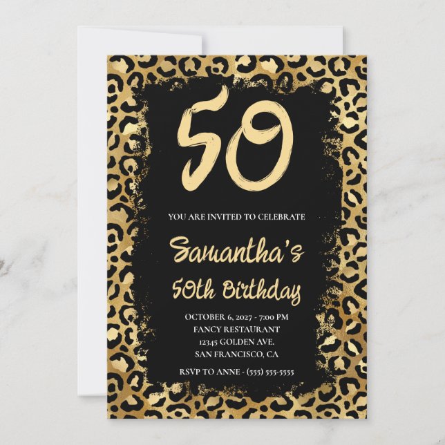 Convites Dourado Leopardo pintado a preto 50º aniversário (Frente)