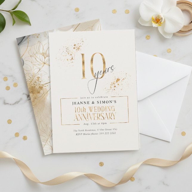 Convites Dourado Line Floral 10th Anniversário ID1169 (Criador carregado)