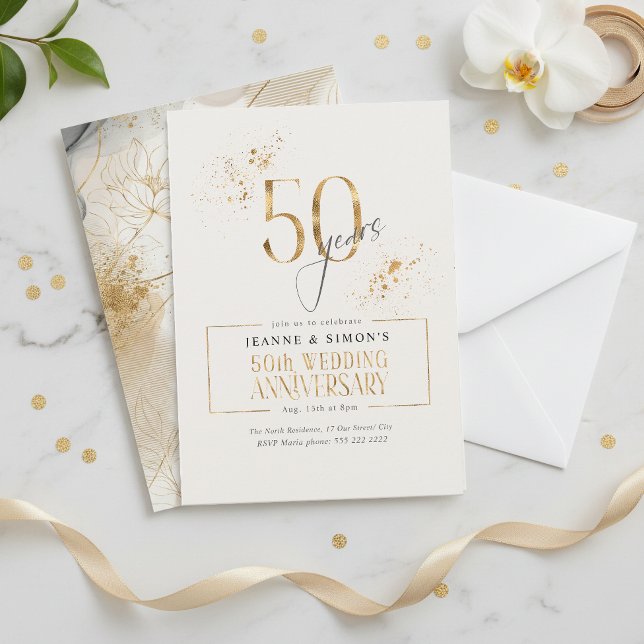 Convites Dourado Line Floral 50th Anniversário ID1169 (Criador carregado)