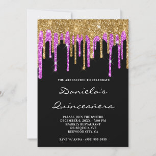 Convites Dourado Magenta Brilho Gotejamento Preto Quinceañe