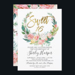 Convites Dourado Manuscrito cor-de-rosa verde-vermelhidão c<br><div class="desc">Dourado Script Verde Floral Cor-de-rosa,  ,  Sweet 16 Convite</div>