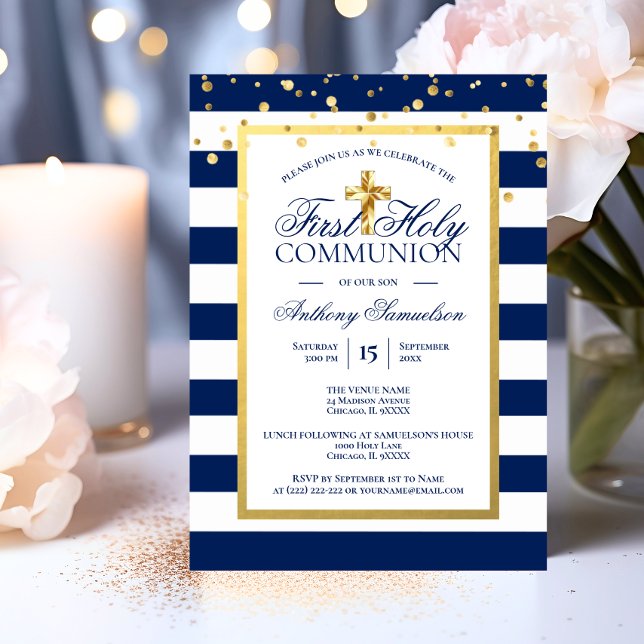 Convites Dourado Marinho Blue Stripes Primeiro Santo Menino (Gold Navy Blue Stripes First Holy Communion Boy Invitation)
