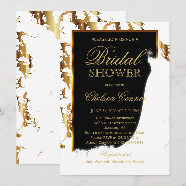 Convites Dourado mármore, Chá de panela preto e branco (Frente/Verso)