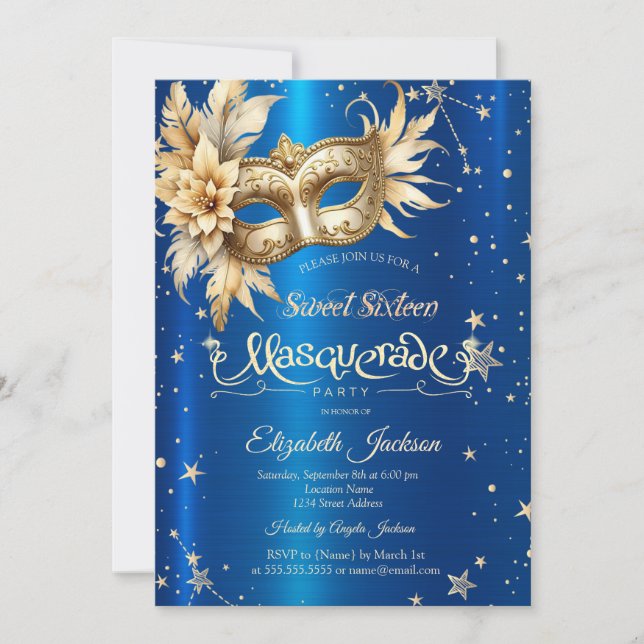 Convites Dourado Masco Floral Estrelas Royal Blue Sweet 16 (Frente)