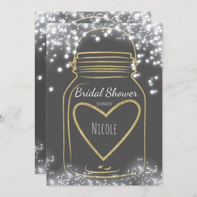 Convites Dourado Mason Jar e Sparkle acende QUALQUER COR (Frente/Verso)