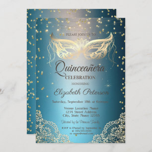 Convites Dourado Masque Lace, Diamantes Quinceañera