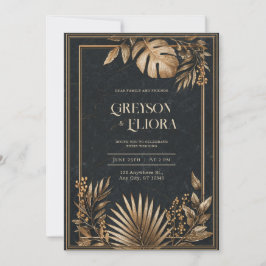 Convites Dourado Metálico Casamento Mármore Preto Tropical