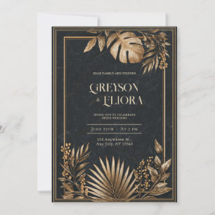 Convites Dourado Metálico Casamento Mármore Preto Tropical