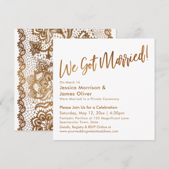 Convites Dourado Moderno Script & Renda Nós Casamos! (Frente/Verso)