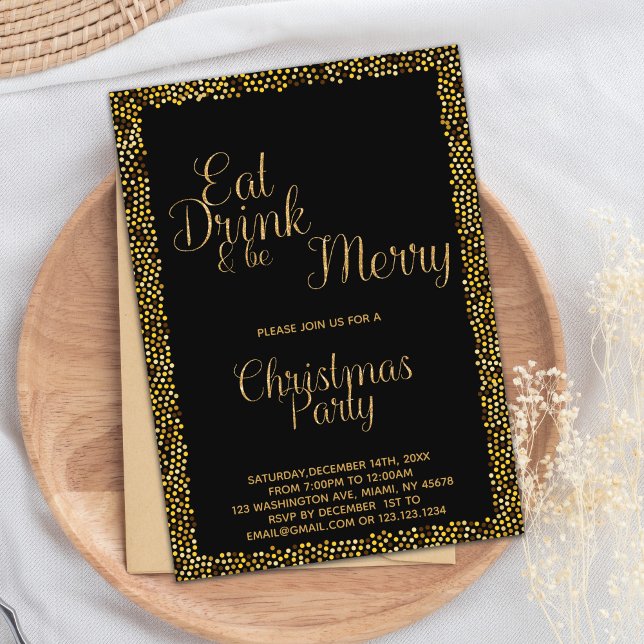 Convites Dourado Natal "Coma, Beba e Seja Feliz" (Gold Eat Drink and be Merry Christmas Invitations)