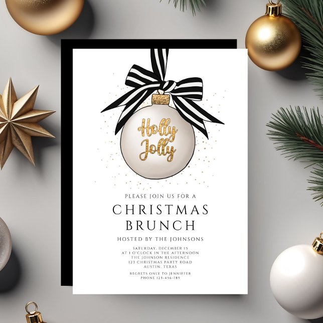 Convites Dourado Natal Festivo Negra E Branco Brunch (Festive Black And White Gold Christmas Brunch Invitation)