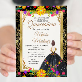 Convites Dourado negro com flores mexicanas Quinceañera