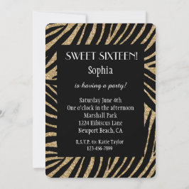 Convites Dourado negro Faux Glitter Zebra Sweet Dezesseis