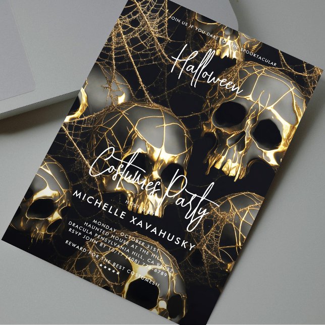 Convites Dourado Negro Partido do Halloween para Adultos (Black Gold Skull Adult Halloween Party Modern Invitation
)