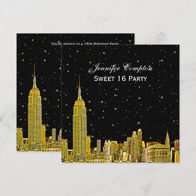 Convites Dourado NYC Skyline Etch Starry DIY BG SQ Sweet 16 (Frente/Verso)