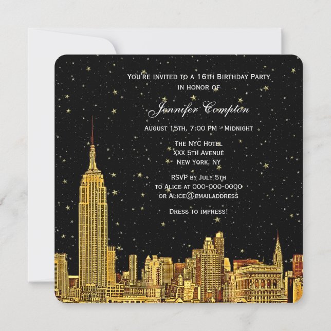 Convites Dourado NYC Skyline Etchado Starry Sky SQ Sweet 16 (Verso)