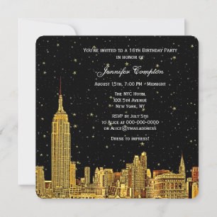 Convites Dourado NYC Skyline Gravado Céu Estrelado SQ Sweet