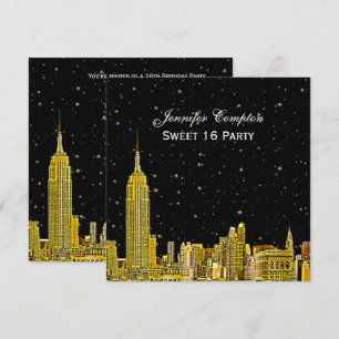 Convites Dourado NYC Skyline Gravado Estrelas DIY Fundo Qua