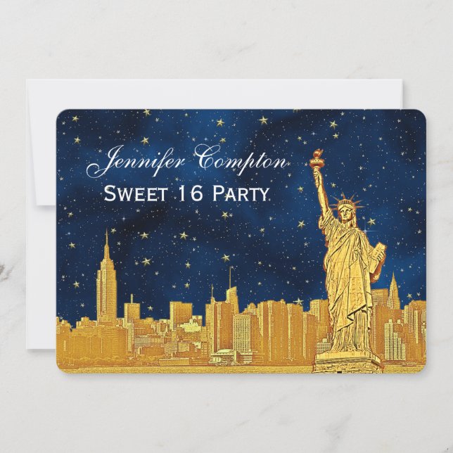 Convites Dourado NYC Skyline nº 2 Etch Blue Starry BG H Swe (Frente)