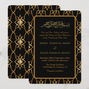 Convites Dourado Ornamentado Padrão de Casamento Negro Muçu