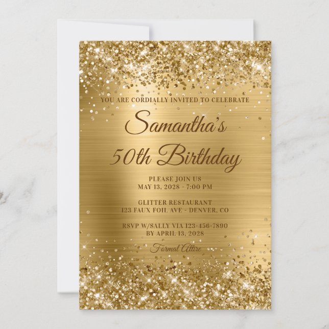 Convites Dourado Ouro de Folha Glitter Texto castanho 50º A (Frente)