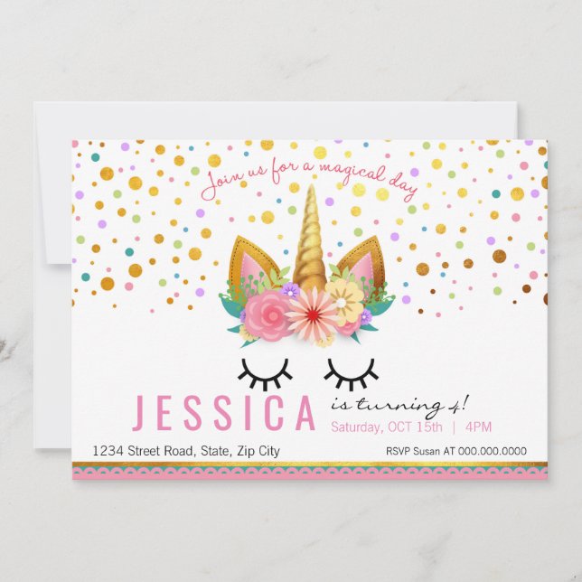 Convites Dourado Partido Floral Unicorn (Frente)