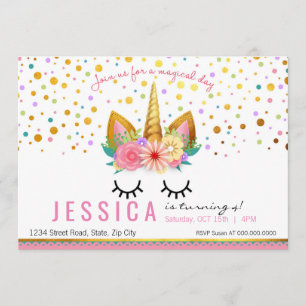 Convites Dourado Partido Floral Unicorn
