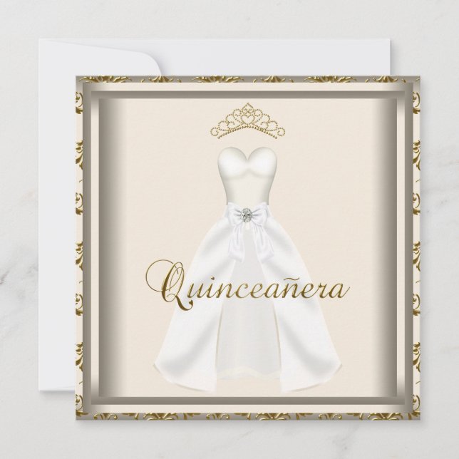Convites Dourado partido Tiara Vestido Dourado Quinceanera (Frente)