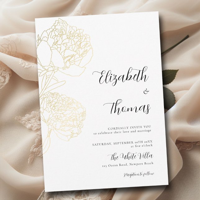Convites Dourado Pêonias Romance Elegante Casamento Floral (gold peonies floral sketch modern classic wedding invitation romantic elegant boho formal)