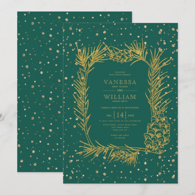 Convites Dourado pinho, confetti casamento no inverno verde (Frente/Verso)