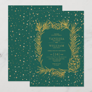 Convites Dourado pinho, confetti casamento no inverno verde