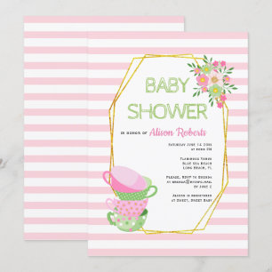 Convites Dourado polígono, chá de fraldas floral de festas 