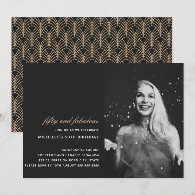 Convites Dourado preto 50 e Fabulosa Foto Deco de Arte 50 (Frente/Verso)