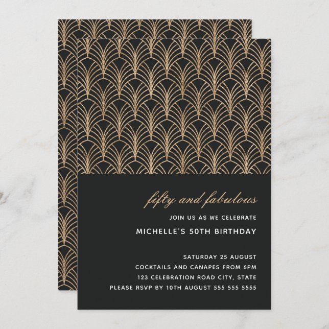 Convites Dourado preto 50 e Fabulosa Foto Deco de Arte 50 (Frente/Verso)